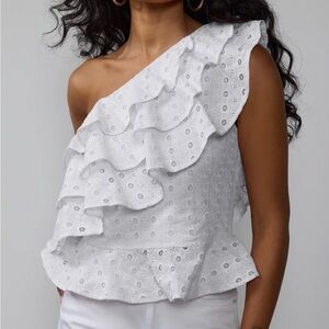 One Shoulder Eyelet Ruffle Tank Top